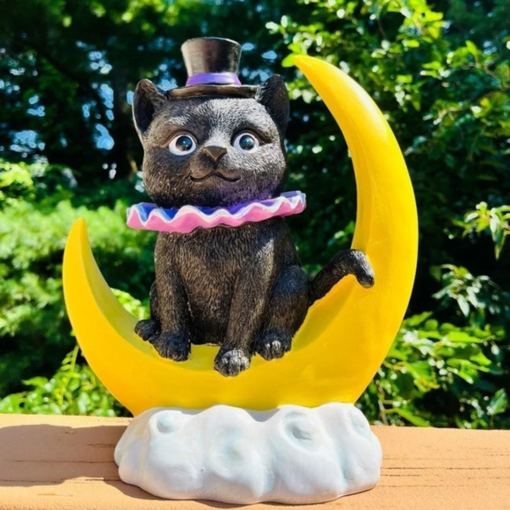 Halloween Black Cat on Crescent Moon Statue Gothic Witch Decor NWT 10"